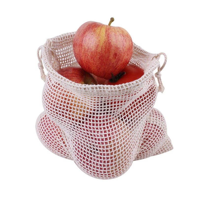 Organic recyclable Reusable Cotton Fabric Produce Mesh Drawstring Bags