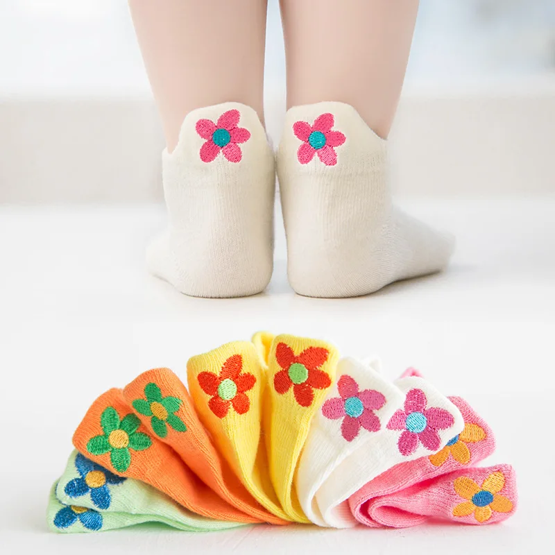 Little flower embroidery crew kids socks lovely girls school ankle socks