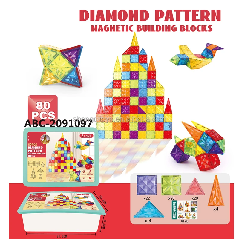 LK Color Magnet Sheet Block Toy Educational Diy Assembly 80 pcs 3d Diamond Pattern Magnetic Tiles Toddler Building Blocks Toy