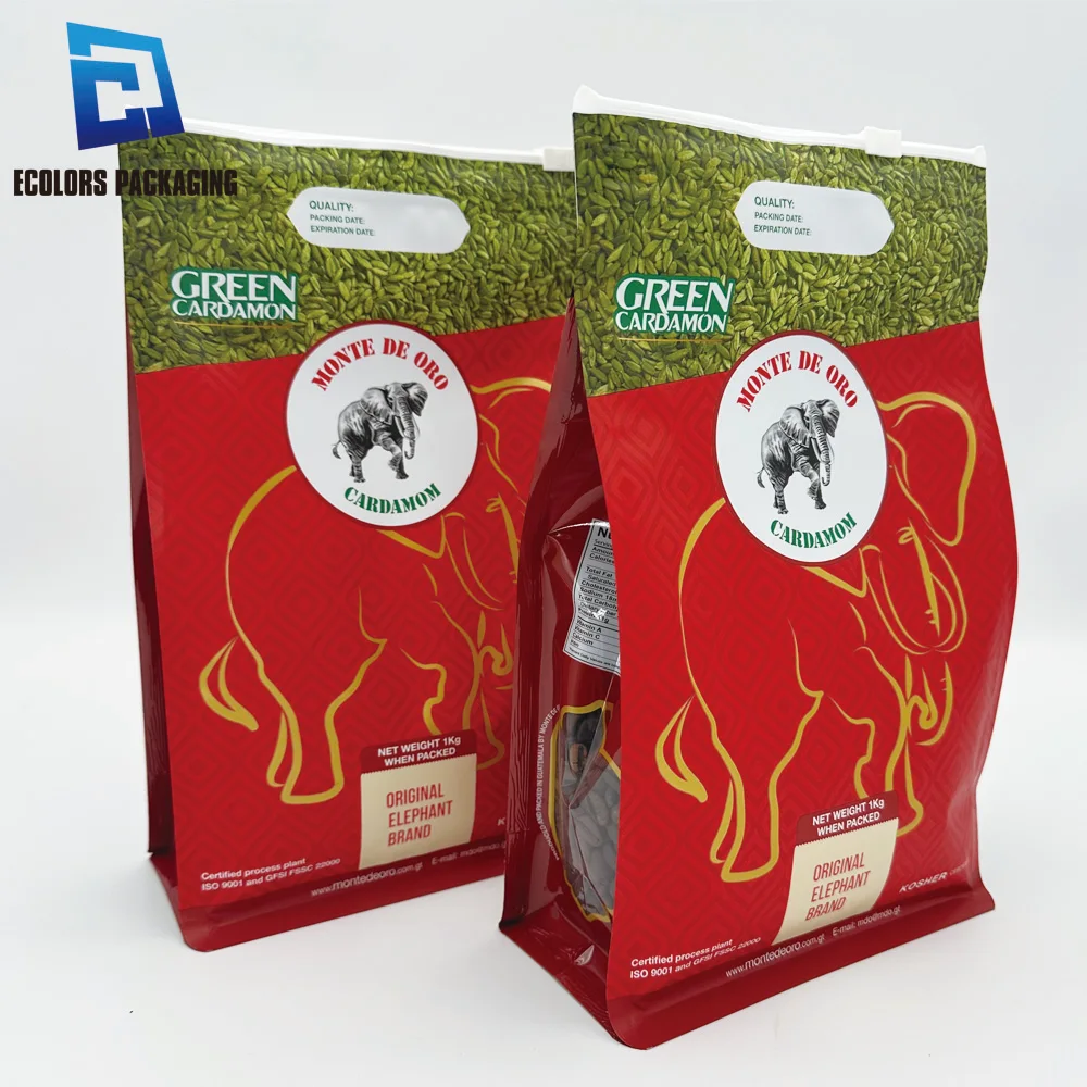 1kg Gravure Printing Flat Bottom Metallized Cardamom Slider Zipper Plastic Coffee Packaging Bag With Side Transparent Windows