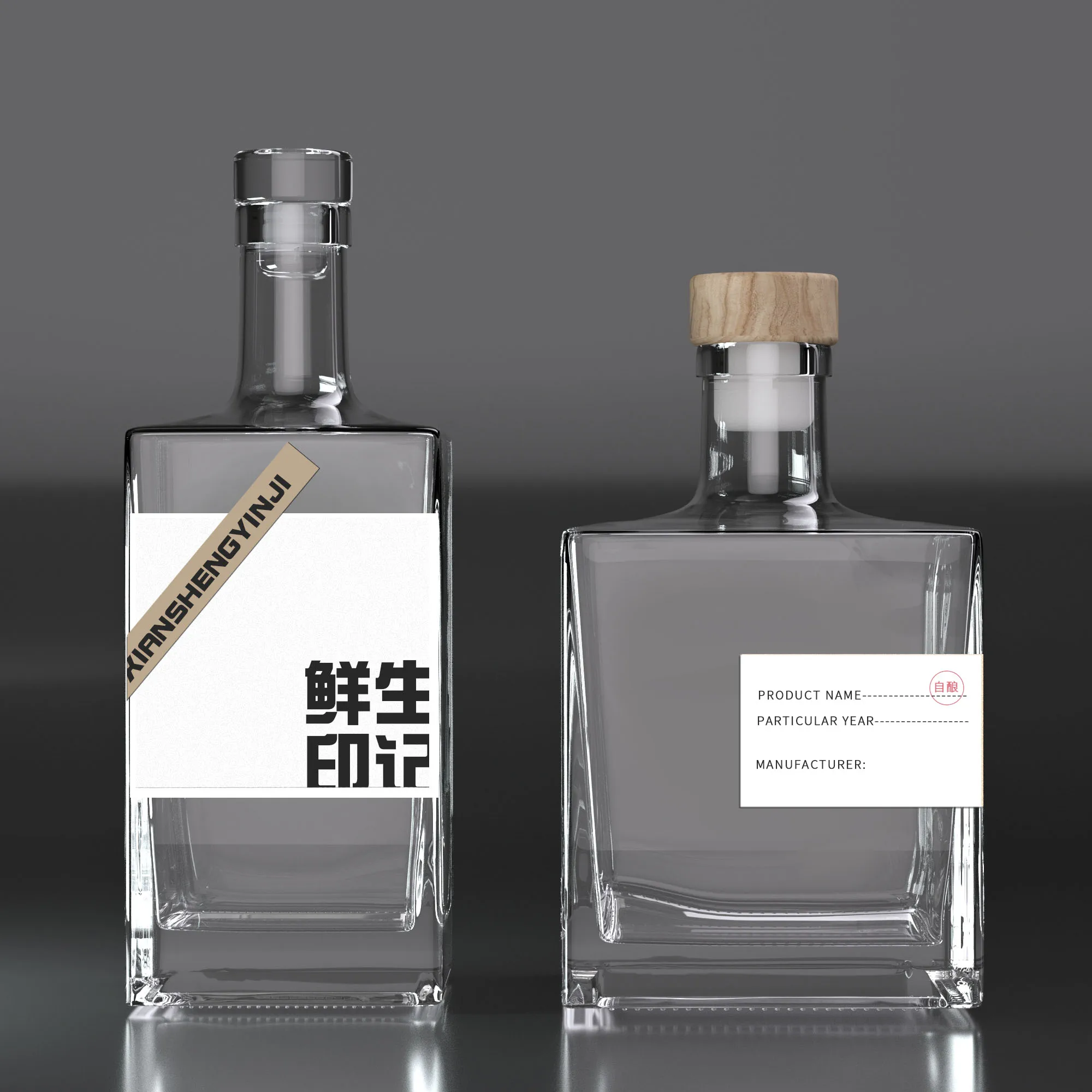 Customized 375ml 500ml Frosted Clear Nordic Square Empty Rum Whisky Spirit Gin Thick Glass vodka bottle 750 ml with Cork Cap