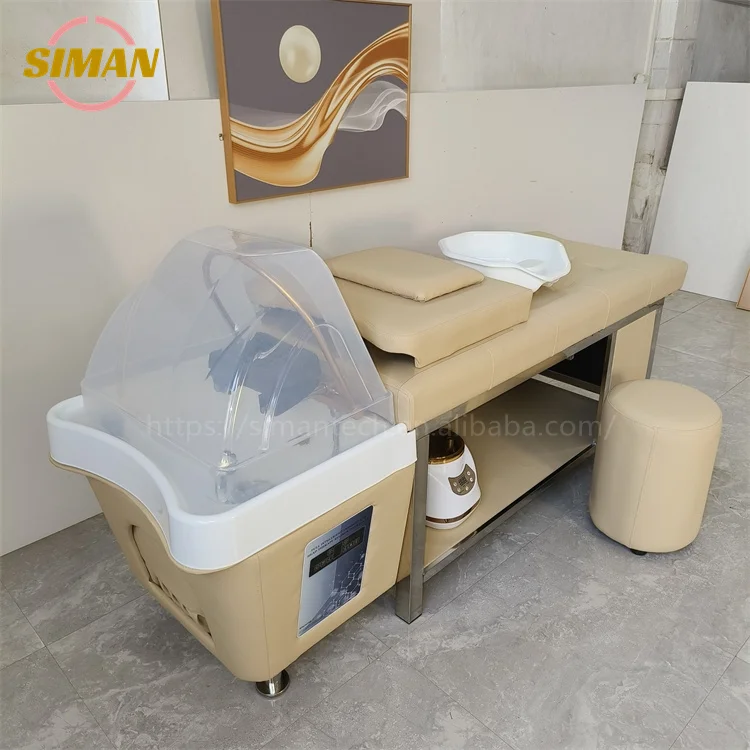 Siman shampoo bed with water circulation and steamer portable shampoo sink with large storage cabinet stainless steel bed frame