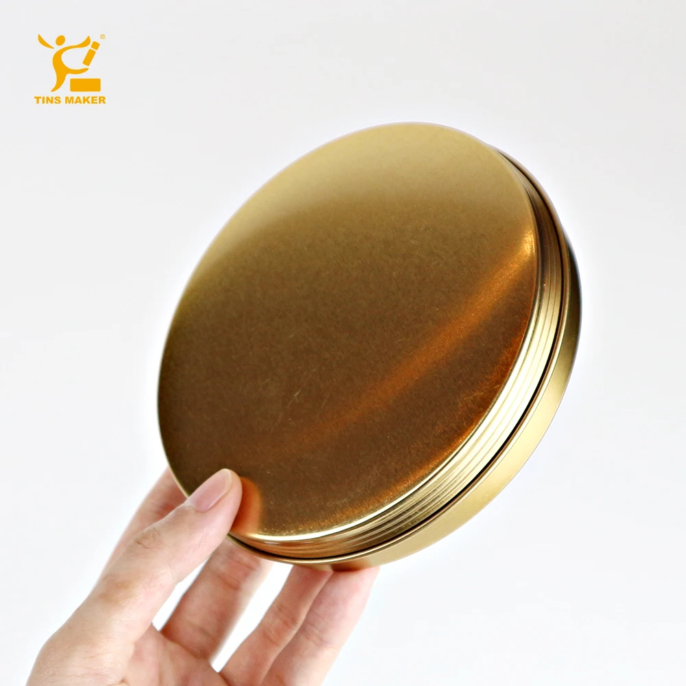 Eco friendly custom seamless print round metal box tin can 4oz gold black food grade candy tea aluminum tins