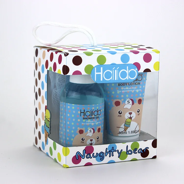 Professional beauty baby spa  bath gift set 3pcs shower gel body lotion in pvc paper box