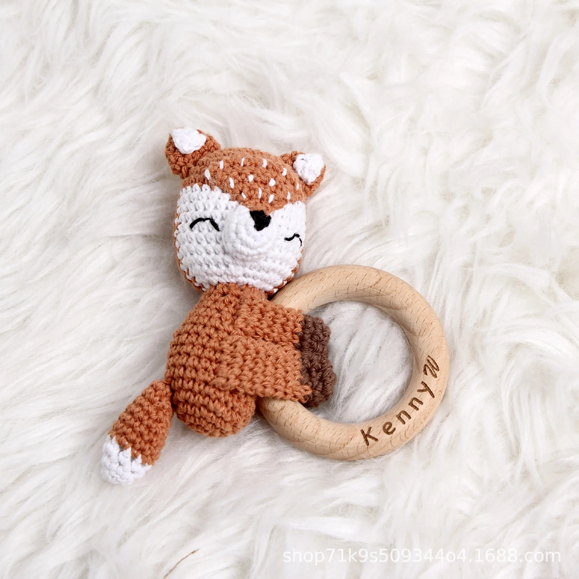 Handmade Organic Cotton Wooden Ring Baby Christmas Sensory Toy Soft Bear and Bunny Shaped Soothing Rattle Wholesale