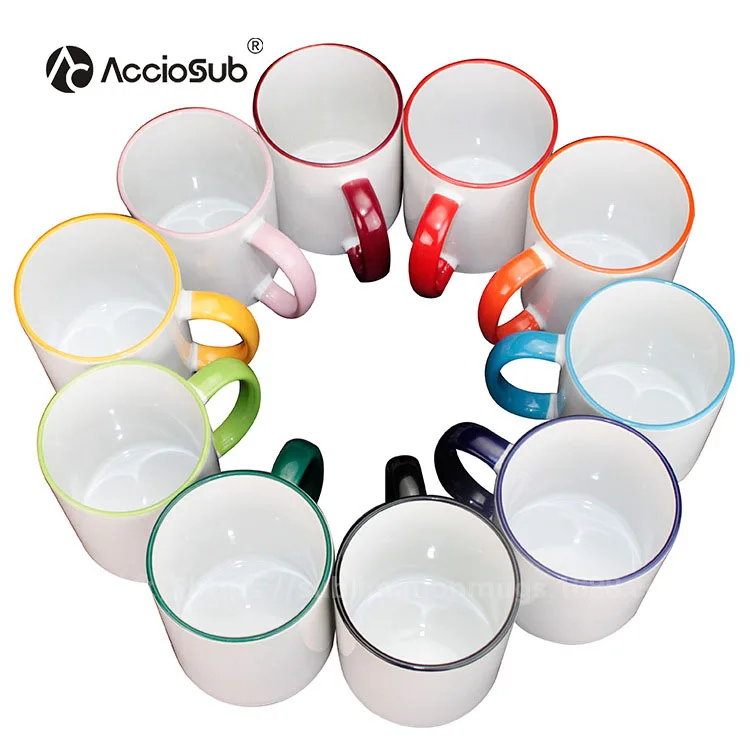 Hot Sell Heat Transfer 11oz  Customized  Handle Coffee Colorful Rim DIY Blank Cup Ceramic Sublimation Mug