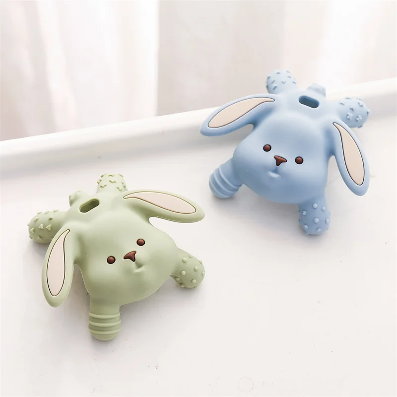 New  Unisex Baby Teether Food-Grade Silicone Rabbit Toy Rattle Soft Educational Bunny-Shaped Toy Newborns Includes Ball Ring Set