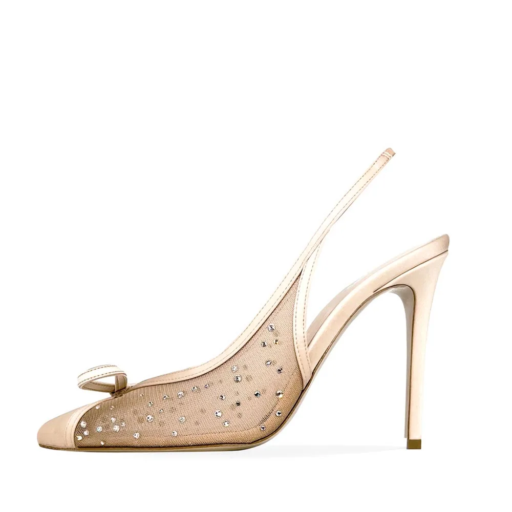Fancy Embellished High Heel Slingbacks Evening Rhinestone Mesh Heels Pumps Women Shoes