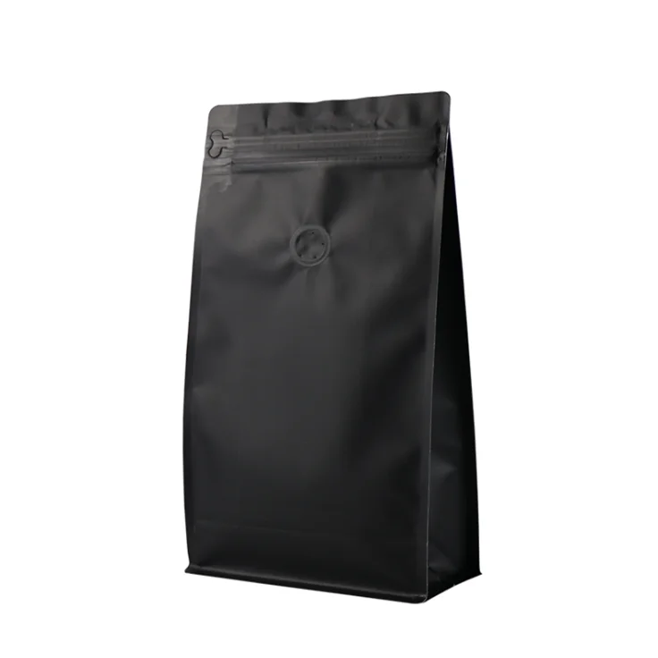 125g 250g 500g 1 kg Horizontal square flat bottom eight side seal coffee bag with one-way valve and zipper lock