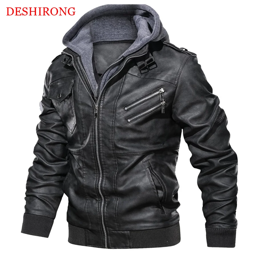 2022 New Fashion Cool Leather Jacket Men Zipper Collar Long Sleeves Hoodie Motorcycle Leather Jackets