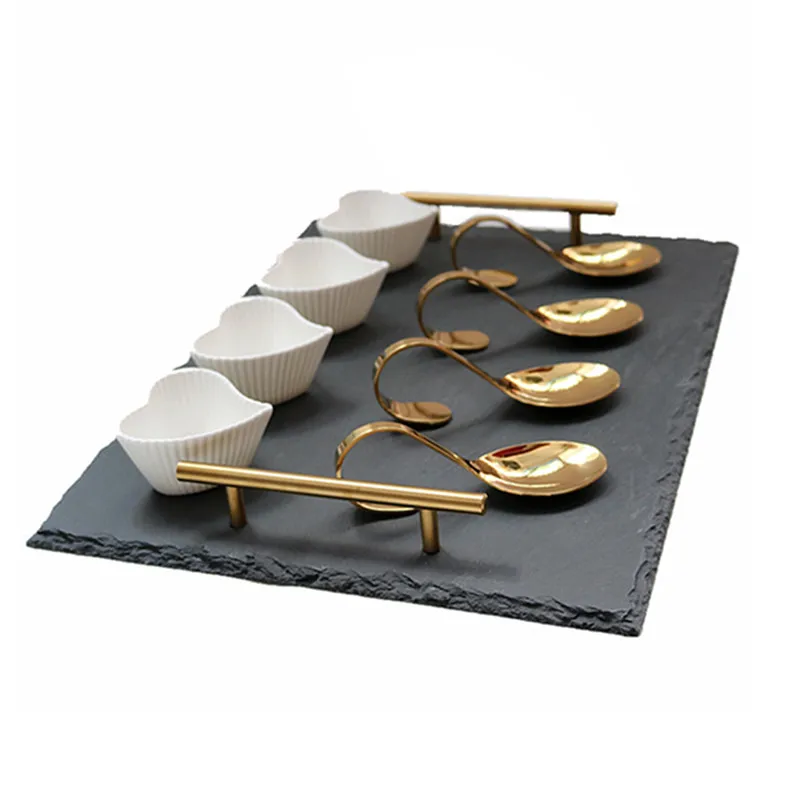 Mail order western style shrink wrap golden spoon golden handle pizza steak slate plate set slate serving board