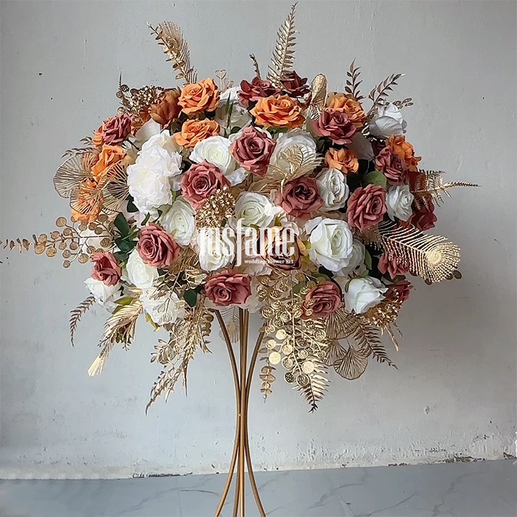 MSFAME 80cm Wedding Flowers Rose Orange Gold Table Artificial Large Flower Ball Centerpiece