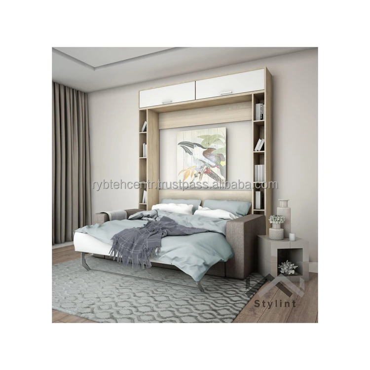 Set of home furniture sofa and wall-folding bed 2000x1400 mm with side shelves good quality