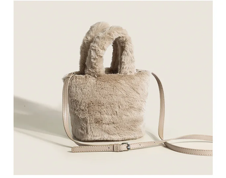 Korea Luxury Winter Women Small Plush Soft Faux Fur Tote Handbags Velvet Fluffy Bucket Shoulder Bag