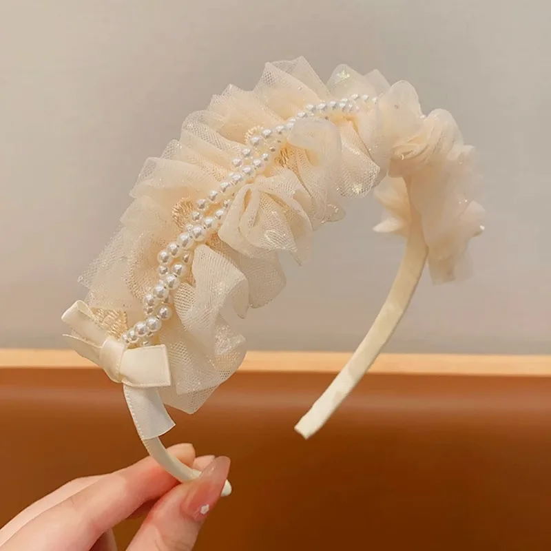 Princess Temperament Crown Tiara Little girl Gauze bow Pearl headband Pleated lace embroidery headband Headband