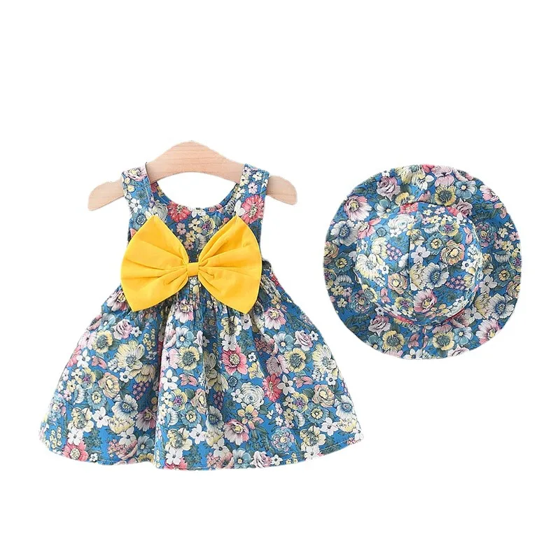 LZH Summer Girls Fashion Dress+Hat Set Comfortable And Breathable Sleeveless Flower Print Bow Baby Dress