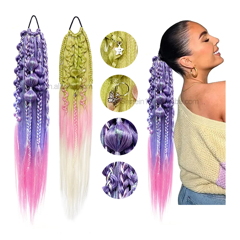 Shinein 26 inch Yaki Straight Sparking Glitter Ombre Braiding Hair 9 Strands Colored Tinsel Ponytail Extension