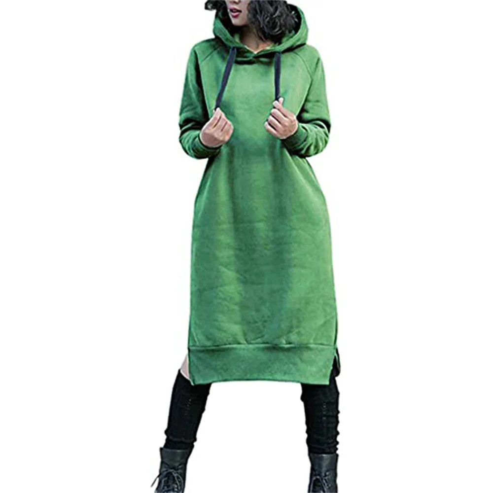 Women Dresses Winter Long Sleeve Fleece Hooded Blank Pullover  Cotton Hoodie  Sweatshirt Dress