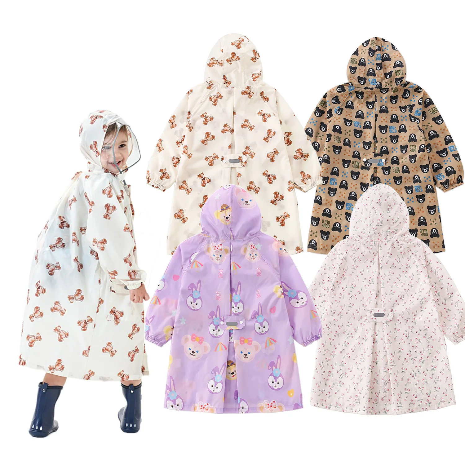 Big PVC hat kids bear rabbit cherry print cute raincoat with hood children nice pattern waterproof high quality child rain wear