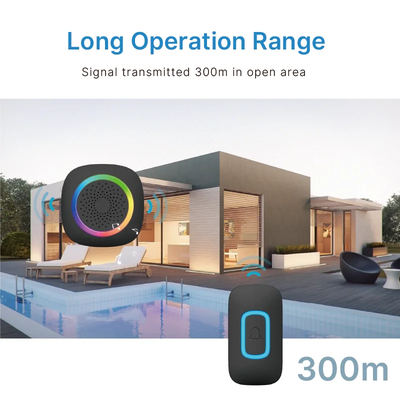 Wireless Doorbell with 60 Ringtone Chime RGB LED 300M Range Waterproof Outdoor Door Bell Cordless Timbre Call Battery Doorbell