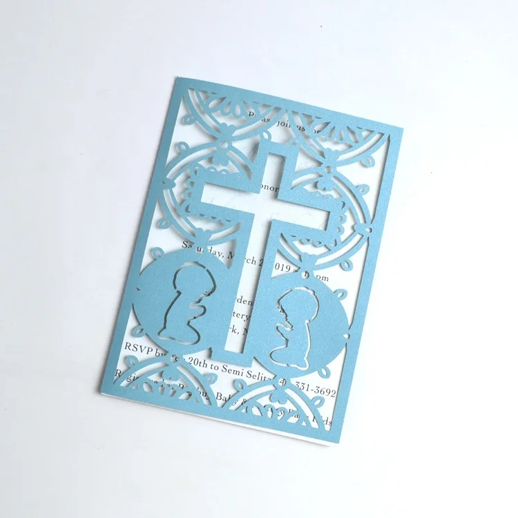 Christian cross design laser cut boy baptismal invitation cards wrap for first communion decoration