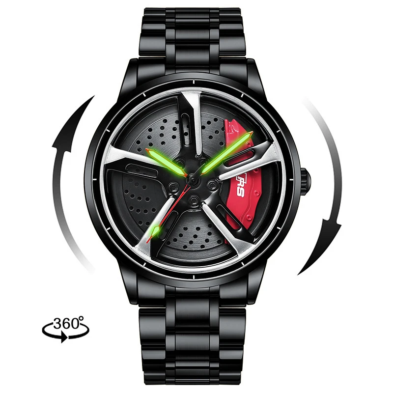 Fashion Cool Skeleton Rotating Rs7 Hub Rim Car Wheel Watch 316L Stainless Steel Strap Watch Quartz Watches For Man
