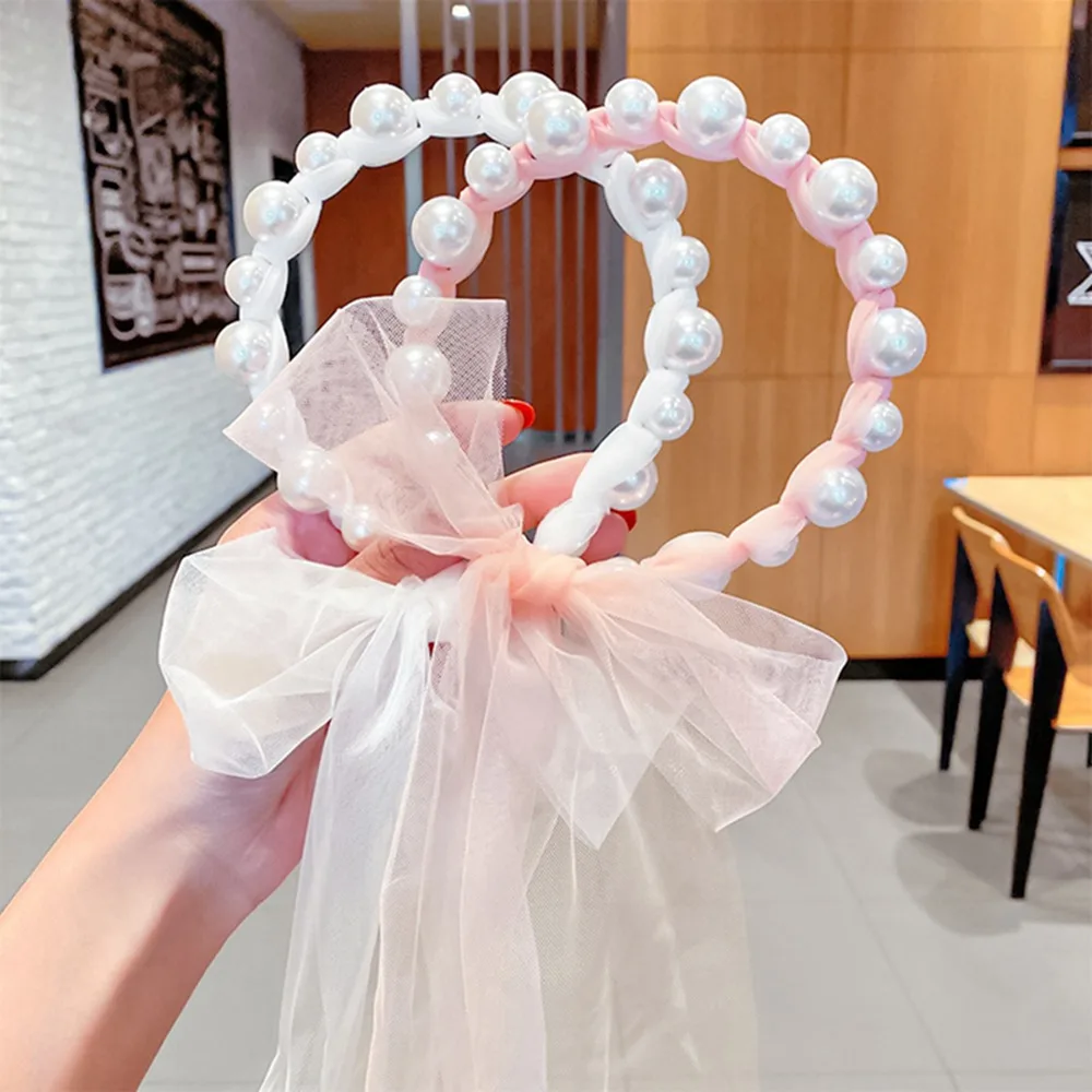 Women Girls Pearls Chiffon Ribbon Hairbands Sweet Hair Decorate Tie Bow Headband Hair Hoops Fashion Headwear Hair Accessories