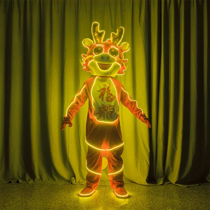 LED Dragon Year God of Wealth Cartoon Doll Costume Performance Stage Mascot Costume for Parties