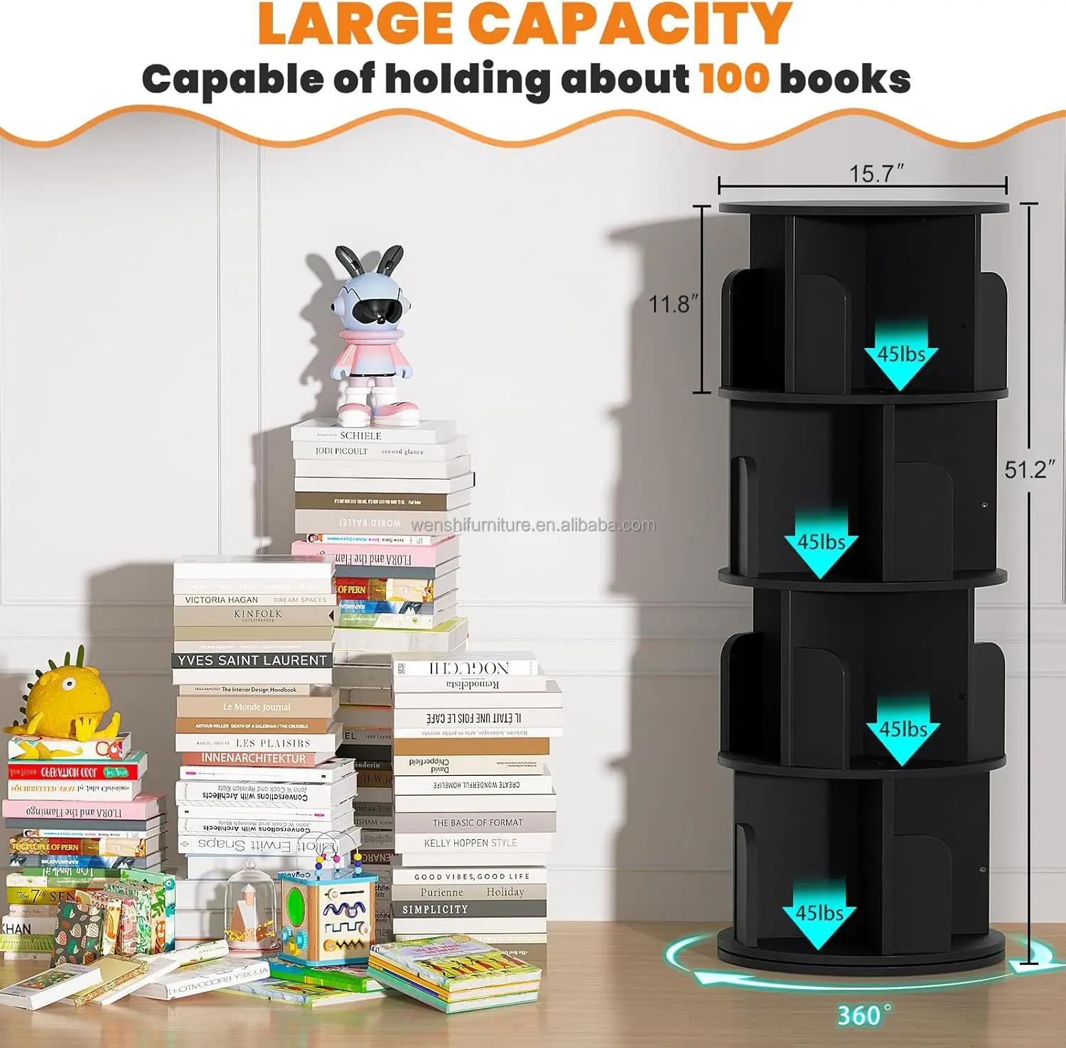 Rotating Bookshelf, hips Corner Bookshelf, 360 Display Spinning Bookcase Storage Rack, 4 Tier Floor Standing