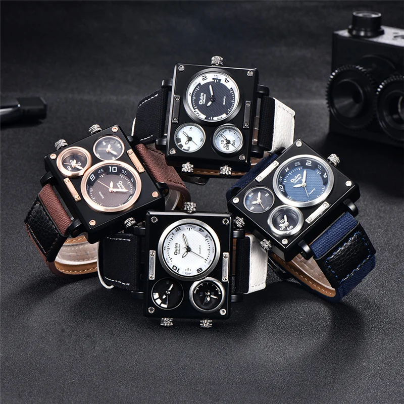 OULM 3595 fashion brown mens quartz watch excel Canvas strap 3 time zone analog display vintage sports popular wrist