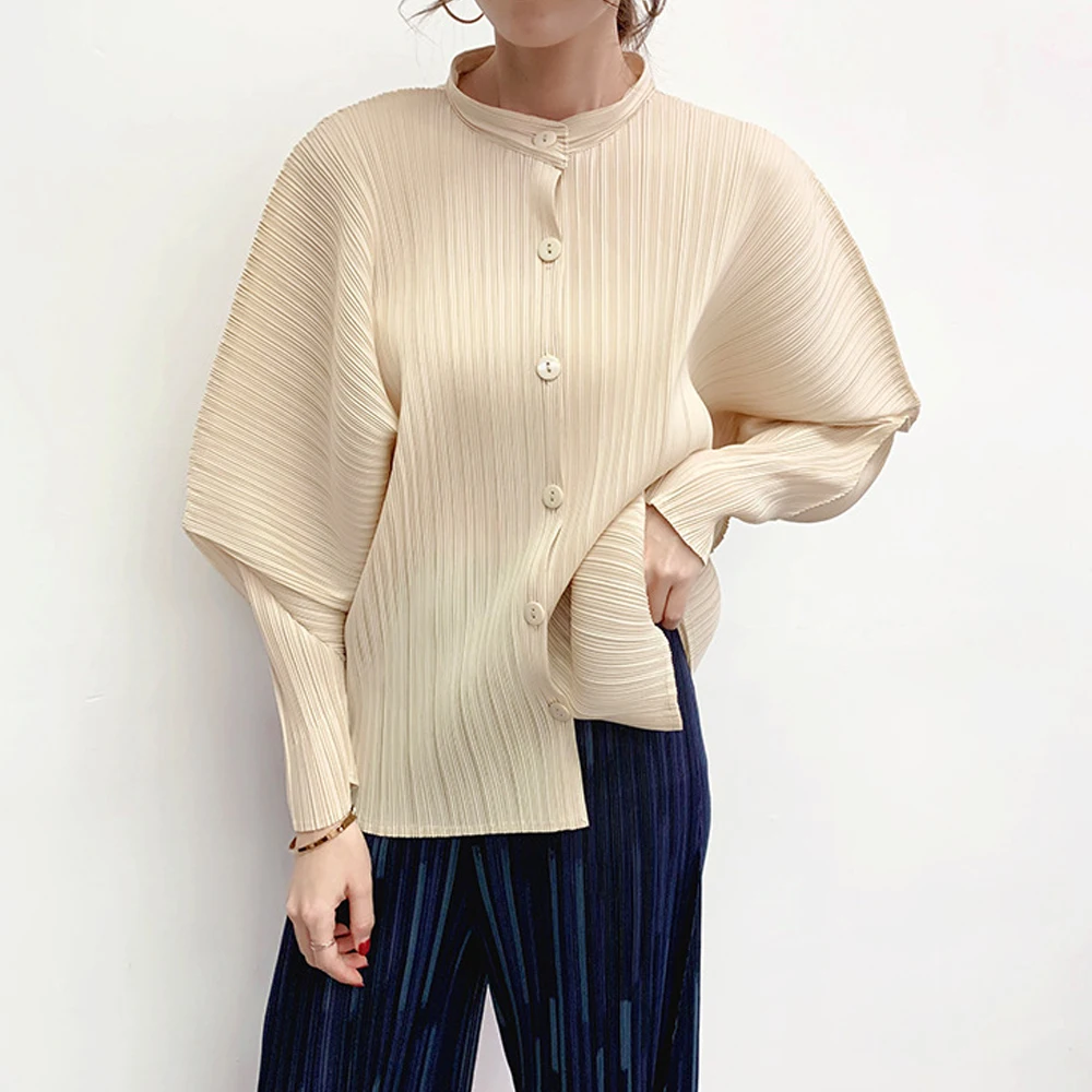 FXZ Mandarin Stand Collar Solid Color Pleated Blouse Ladies Long Sleeve Blouse Casual Pleats Please Women Shirt