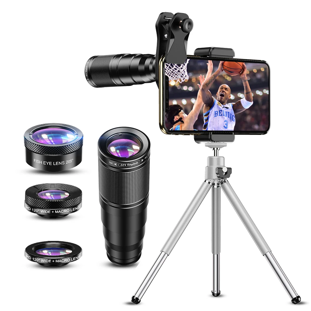 APEXEL Mobile Phone Camera Lens Kit Tripod 22X Telescope Telephoto Wide Angle Macro Fisheye Lens for iPhone Android Smartphone