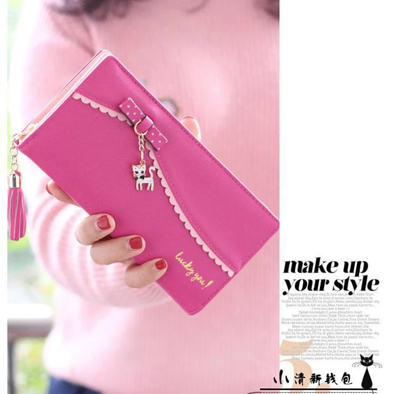 Elegant Women Wallets with Zipper Pink Phone Pocket Purse Card Holder Patchwork Women Long Wallet Lady Tassel Short Coin Purse