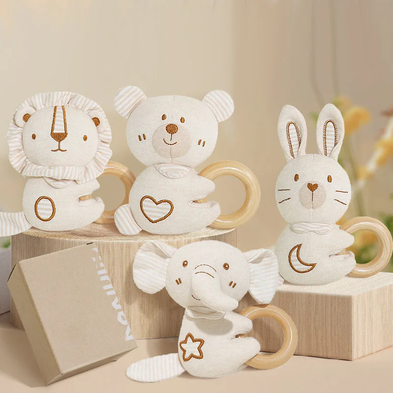 Plush Toys with Beech Ring Organic Cotton Rattle Soft Baby Rattles Plush Animals Rattle Toys Baby Educational Toys