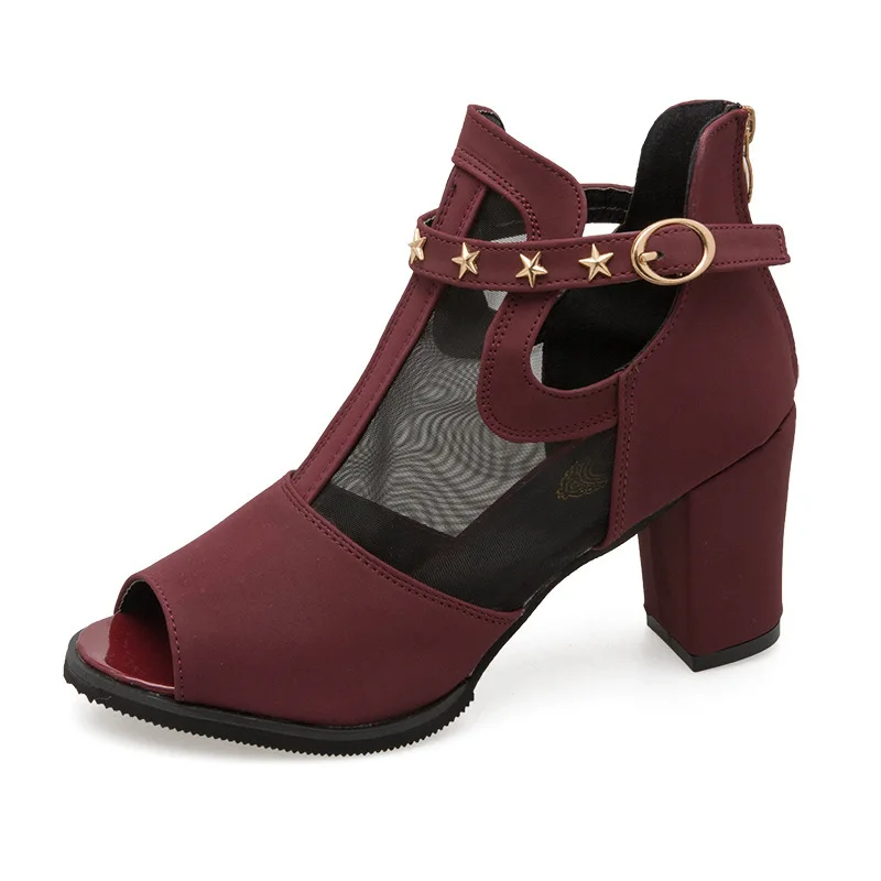 new design ladies summer mesh high heel sandals printing rivet buckle strap wedding boots shoes for women