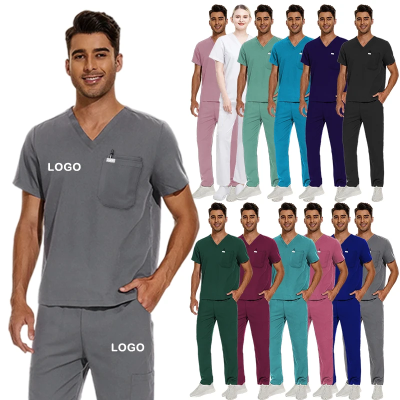 wholesale stylish medical nurse doctor white stretch slimfit Hospital clinic dentist scrub suit designs cargo pants set for men