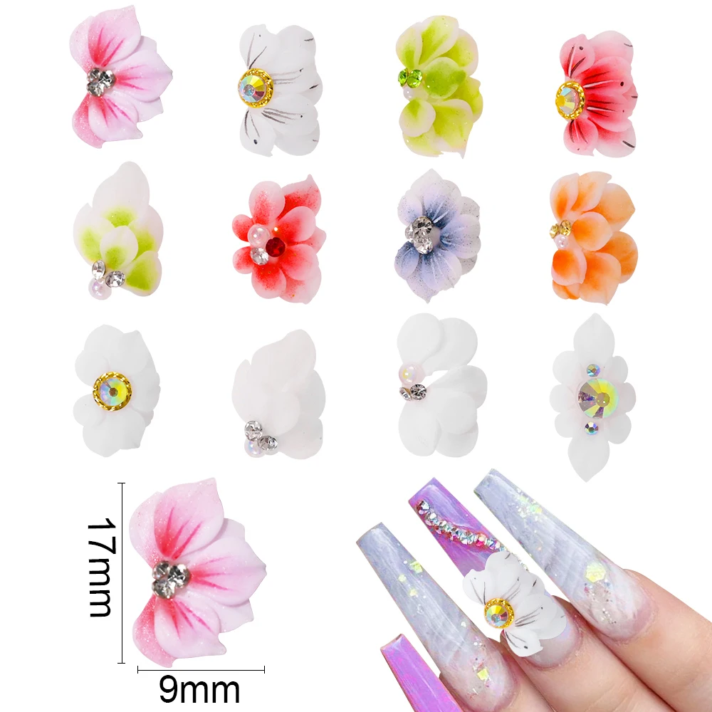 Handmade Acrylic Flower  White/Pink 3D Butterfly Acrylic Nail Flower DIY With Glitter Rhinestone Acrylic Side Flower