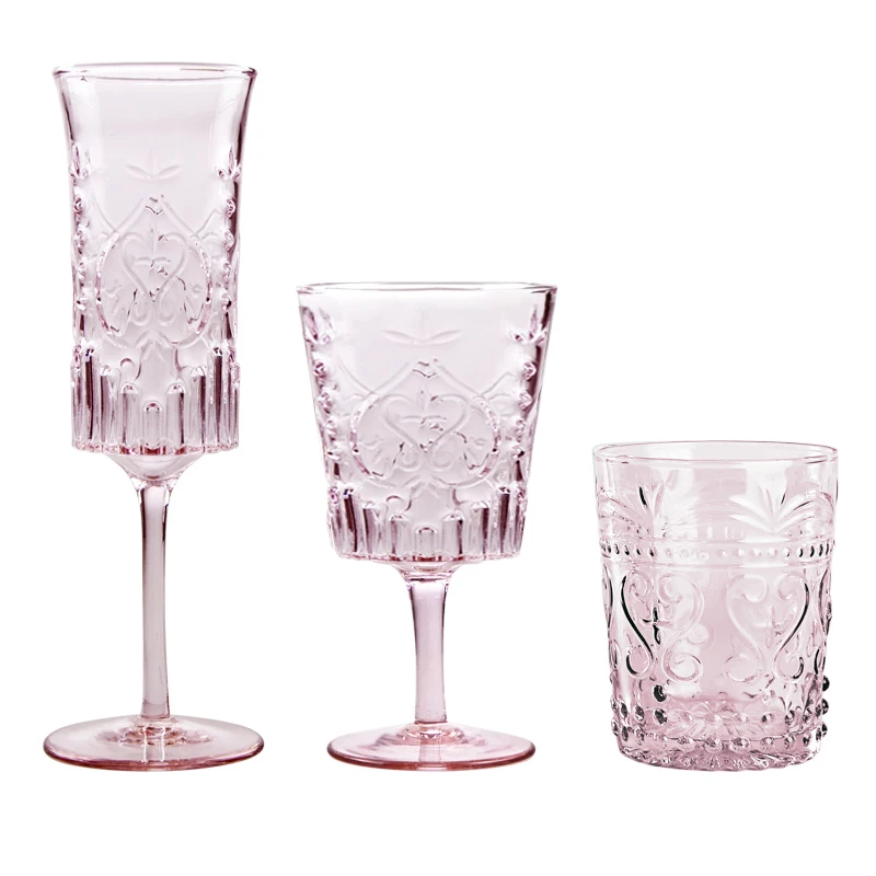 Vintage Wine Goblet Pink Water Goblets pink drinking glasses for wedding Retro Embossed Glassware Reception Grand Event Party