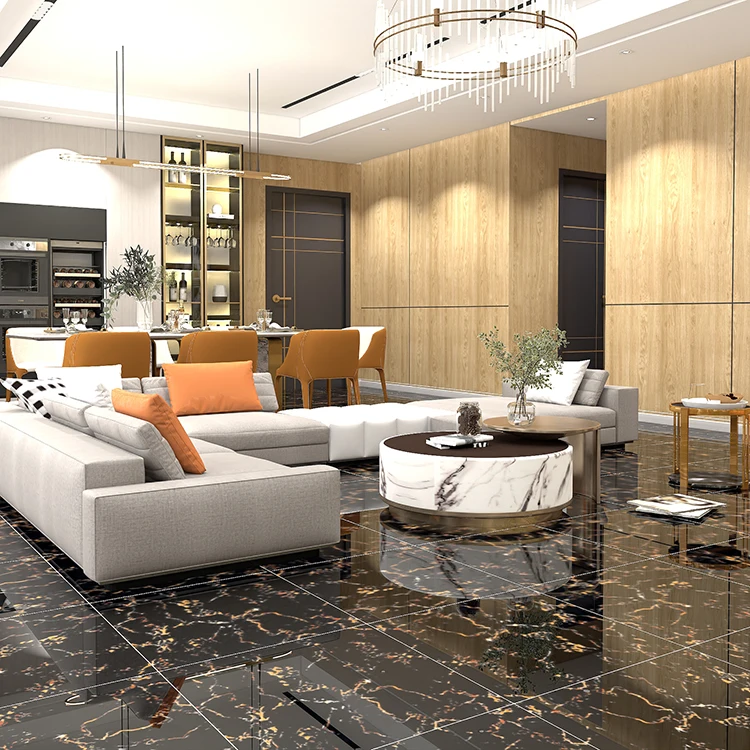 Черная блестящая напольная плитка выглядит как мраморная полированная из Шри-Ланки