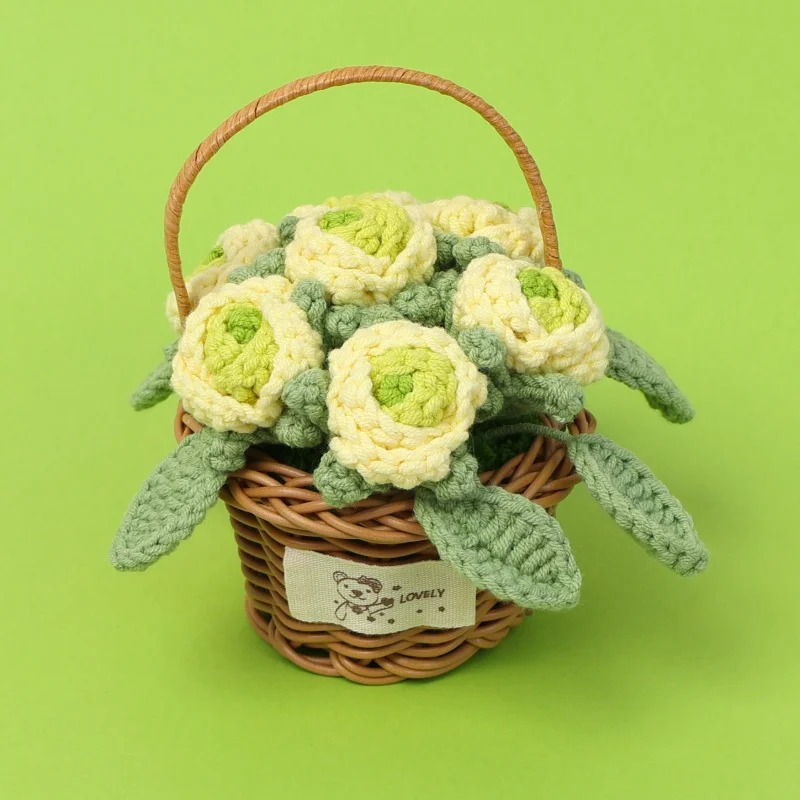 H366 Finished Hand Knit Wool Crochet Multi Roses Small Flower Basket Handmade Rose Arrangement Holiday Gift