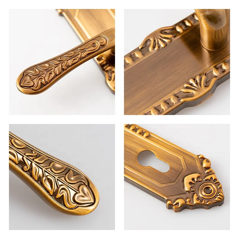 European Style Wood Door Lock Handles Hotel Villa Home Use Antique Brass Brush Finish Door Handles