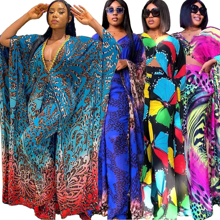 New digital printed chiffon cardigan loose plus size trousers two piece suit African robe women clothing