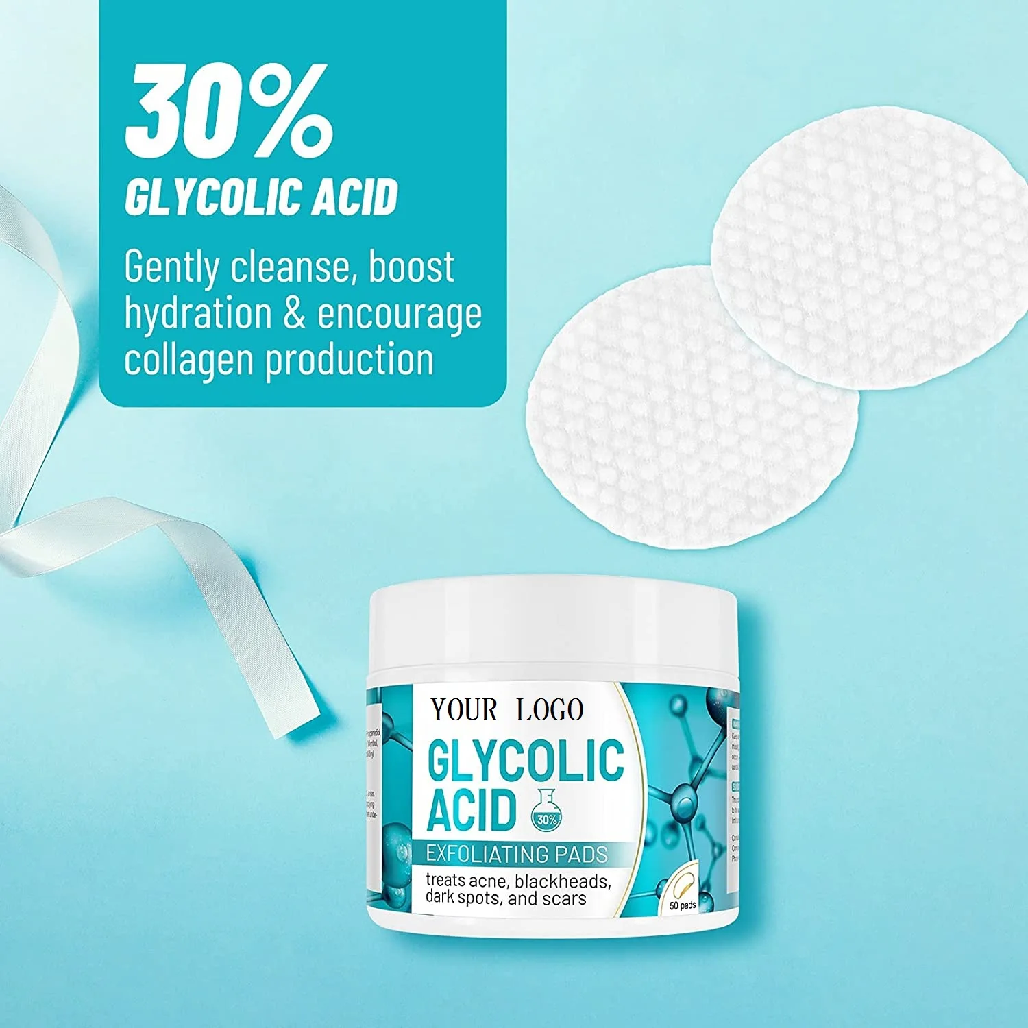 Wholesale Facial Brightening Exfoliating Skin Whitening Antioxidant Glycolic Acid 30% Cleansing Cotton Pads