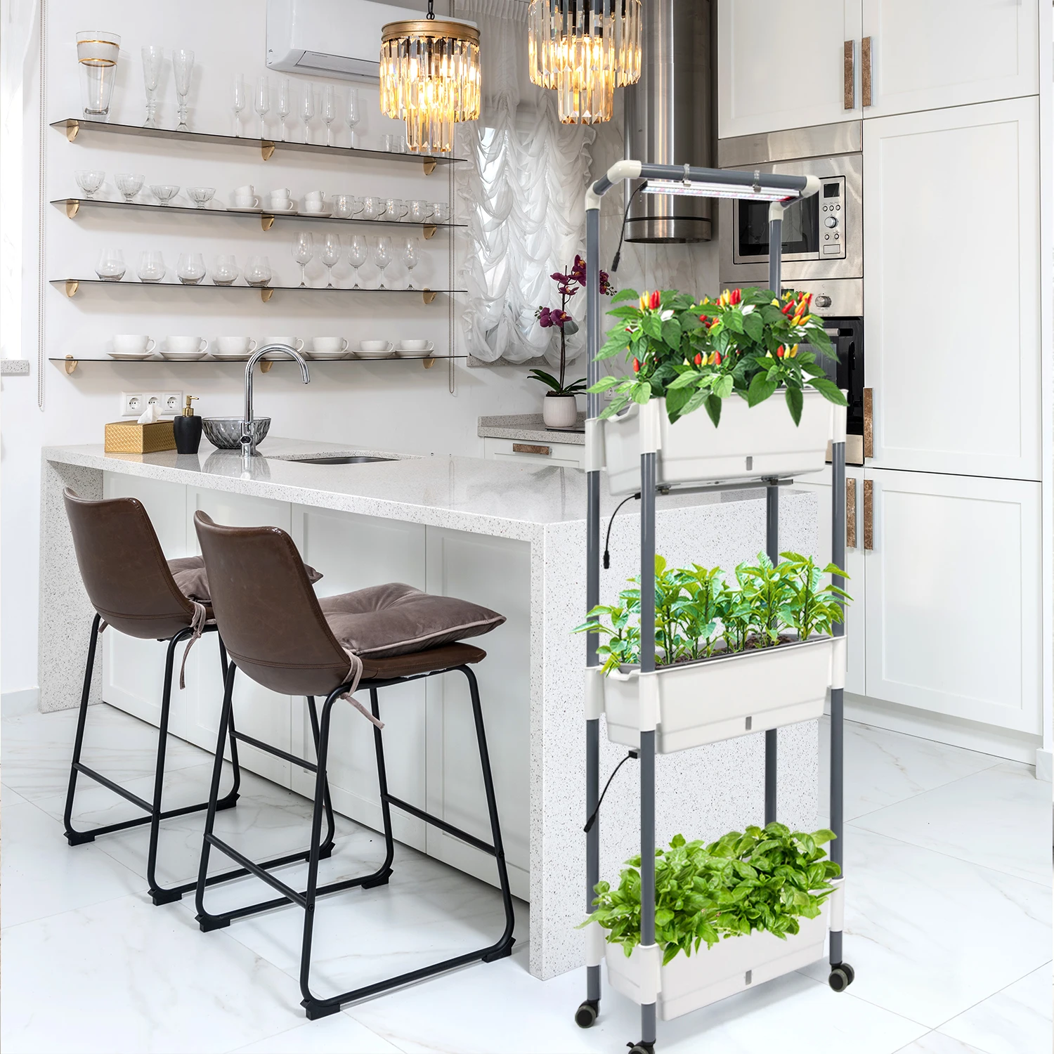 Indoor Garden Herb Grow Kit Home Garden Grow Rack with Smart Control LED Grow Light, for Short Tomato,Basil,Pepper