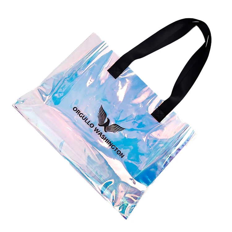Reusable PVC Plastic Laser Holography Tote Bags Custom Logo Printed Low MOQ Woven Bags for Shopping Outdoors Perfect Gift