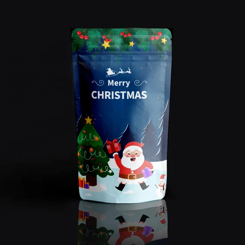 Custom Sweet Gift Packaging Plastic Stand Up Zipper Pouch Unique Merry Christmas Candy Bag With Clear Front Window