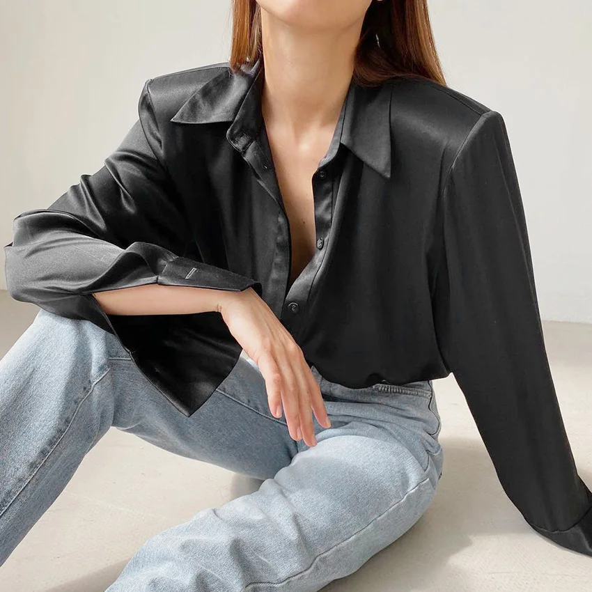 Streetwear Korean Satin Turn-down Collar High Shoulder Blouse Lady Single Breasted Long Sleeve Shirts For Women