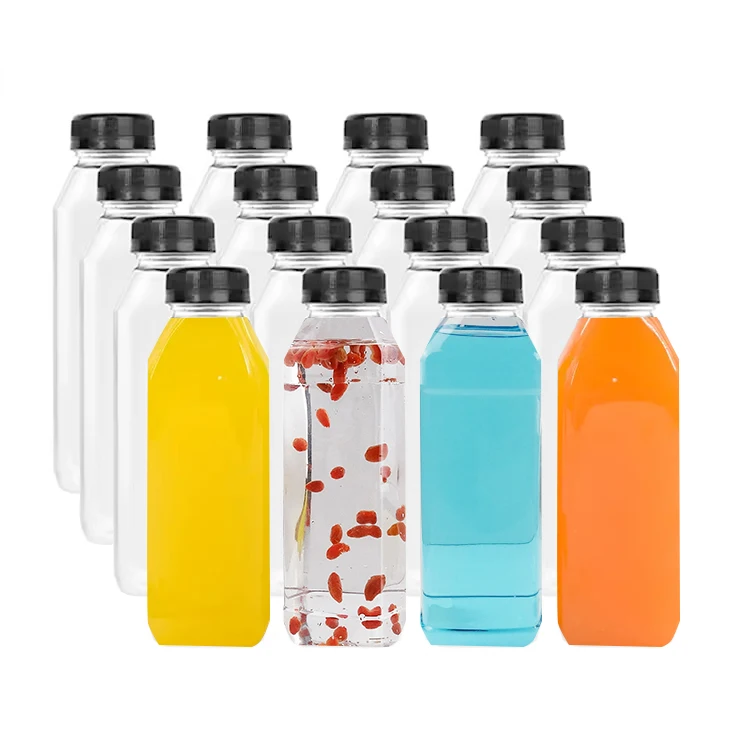 Clear Pet 1000ml 750ml 500ml Cold transparent Plastic Bottles Beverage Square Juice Beverage Smoothie Juice Bottles with Lids
