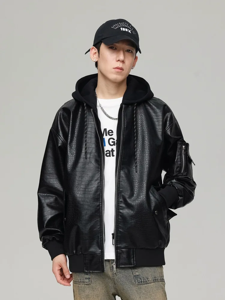 OEM Custom Design spring autumn fake two piece hooded leather jacket for men