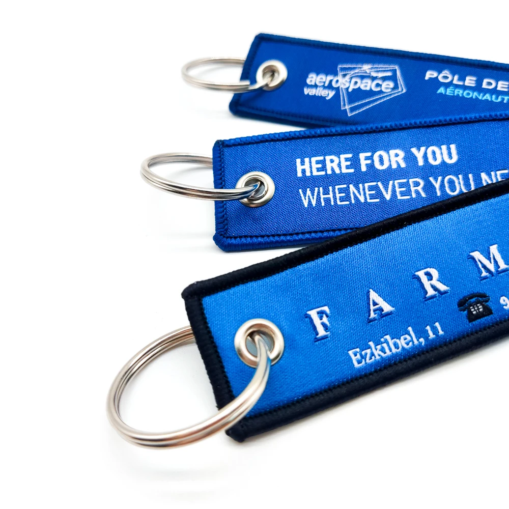 RFID China Stock Double Sided Fabric Embroidered Key Chain With Hook With Key Rings